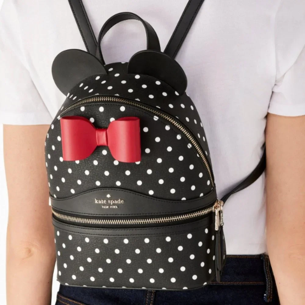 MAKE AN OFFER Disney X Kate Spade Small  Leather Minnie Mouse Backpack Polka Dot - Picture 2 of 7